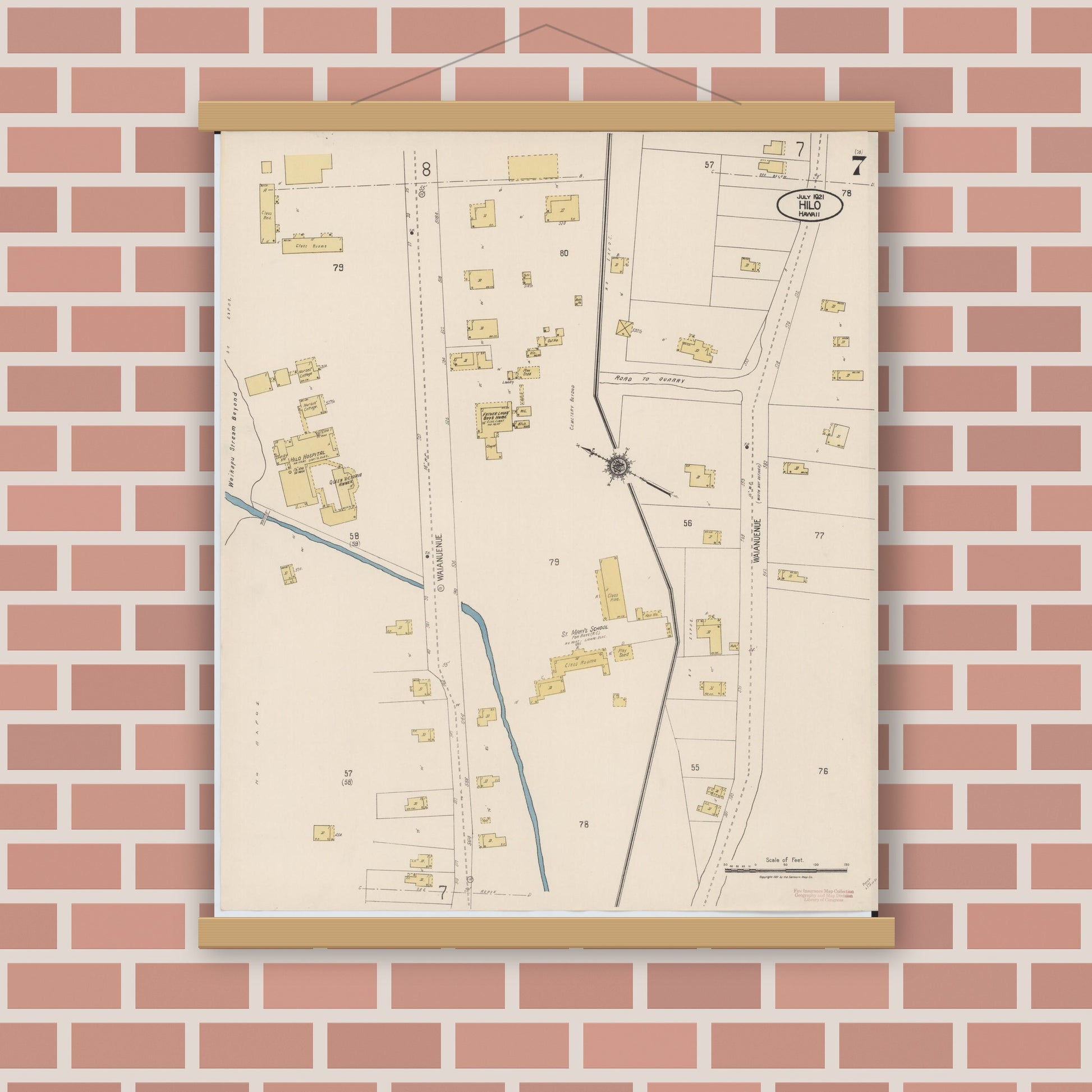 Old map wall art mockup — magnetic wood frame on brick wall — Sanborn Fire Insurance Map from Hilo, Hawaii County, Hawaii (1921), Sheet #0007