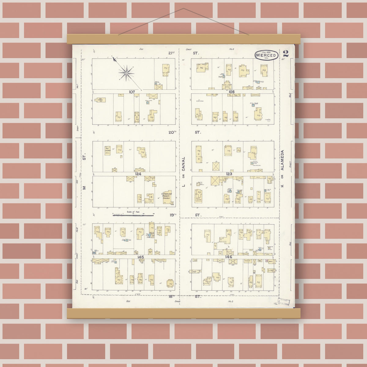 Old map wall art mockup — magnetic wood frame on brick wall — Sanborn Fire Insurance Map from Merced, Merced County, California (1888), Sheet #0002