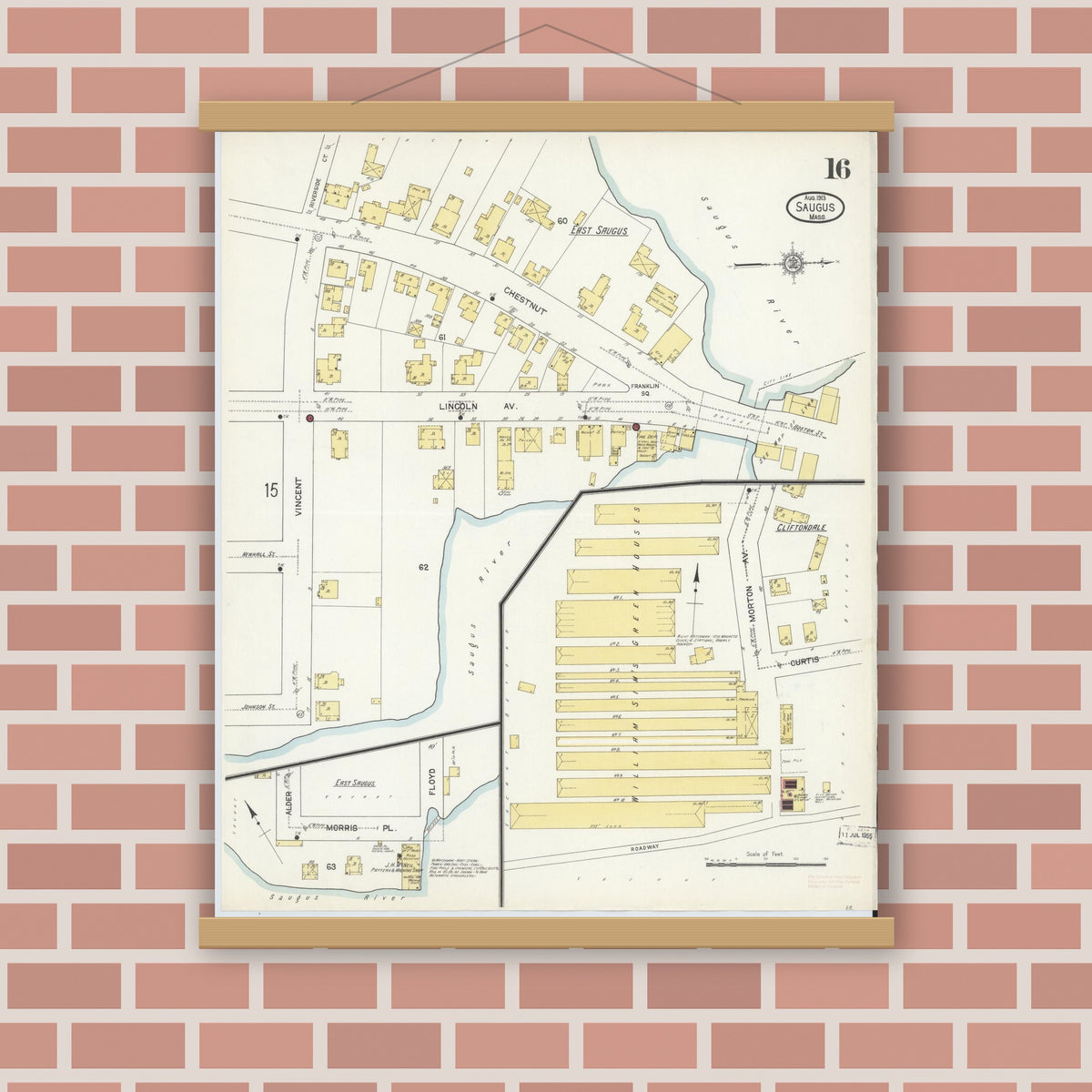 Old map wall art mockup — magnetic wood frame on brick wall — Sanborn Fire Insurance Map from Saugus, Essex County, Massachusetts (1913), Sheet #0016
