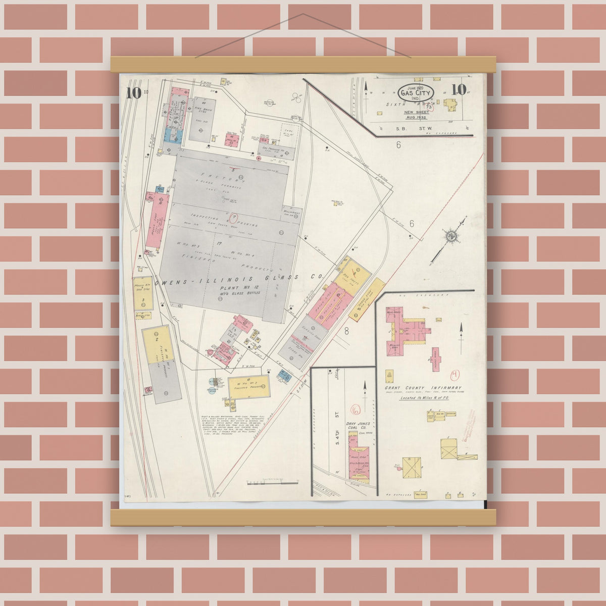 Old map wall art mockup — magnetic wood frame on brick wall — Sanborn Fire Insurance Map from Gas City, Grant County, Indiana (1932), Sheet #0010