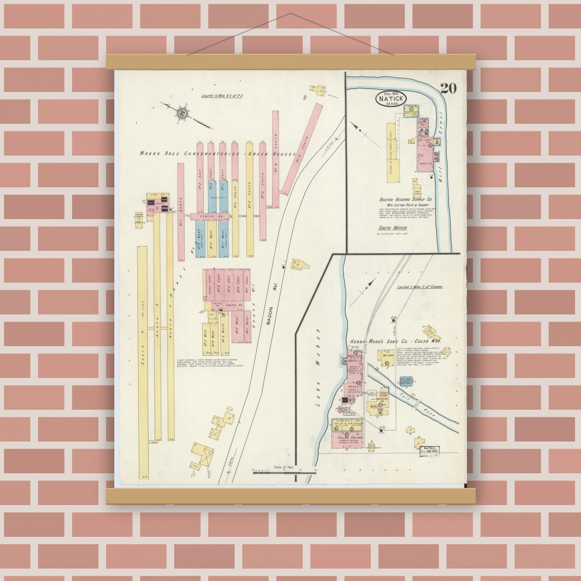 Old map wall art mockup — magnetic wood frame on brick wall — Sanborn Fire Insurance Map from Natick, Middlesex County, Massachusetts (1915), Sheet #0020