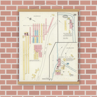 Old map wall art mockup — magnetic wood frame on brick wall — Sanborn Fire Insurance Map from Natick, Middlesex County, Massachusetts (1915), Sheet #0020