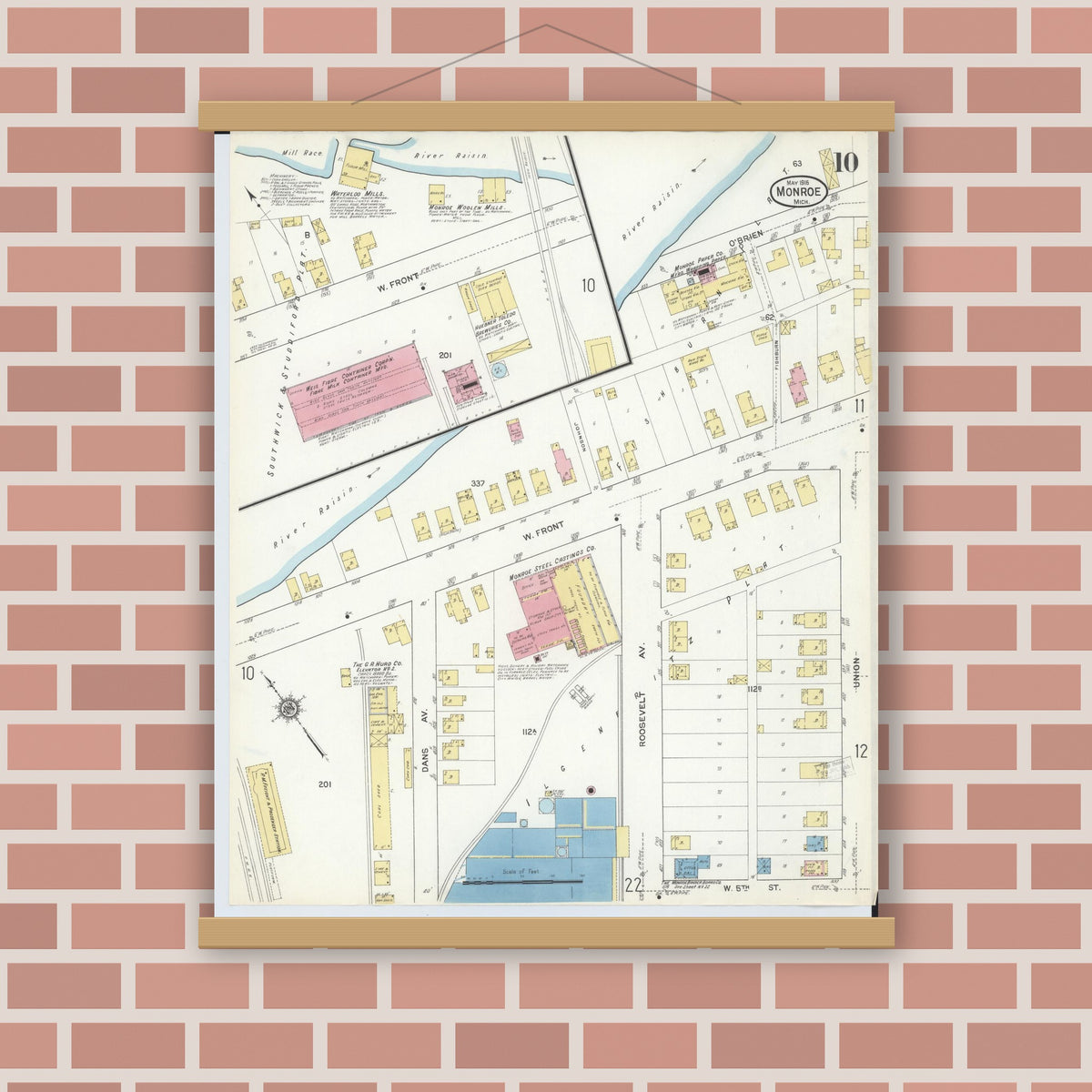 Old map wall art mockup — magnetic wood frame on brick wall — Sanborn Fire Insurance Map from Monroe, Monroe County, Michigan (1916), Sheet #0010