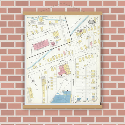Old map wall art mockup — magnetic wood frame on brick wall — Sanborn Fire Insurance Map from Monroe, Monroe County, Michigan (1916), Sheet #0010