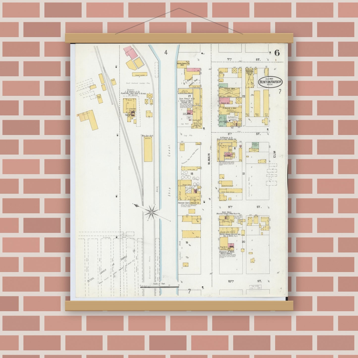 Old map wall art mockup — magnetic wood frame on brick wall — Sanborn Fire Insurance Map from Benton Harbor, Berrien County, Michigan (1900), Sheet #0006