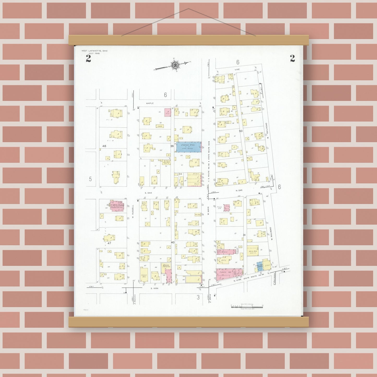 Old map wall art mockup — magnetic wood frame on brick wall — Sanborn Fire Insurance Map from West Lafayette, Coshocton County, Ohio (1946), Sheet #0002