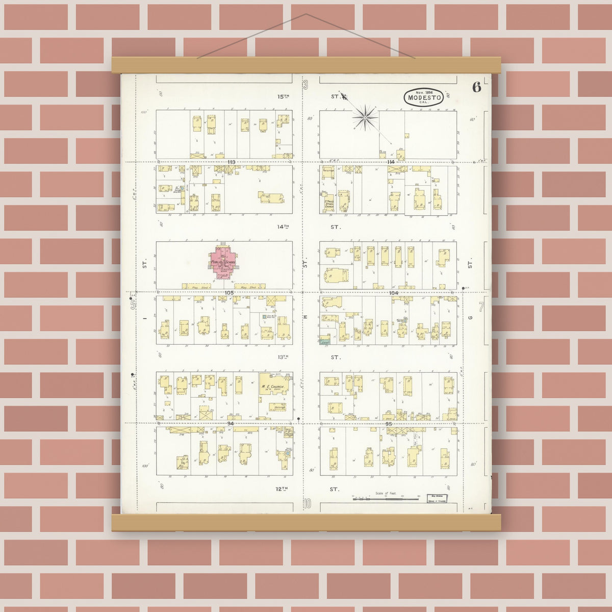 Old map wall art mockup — magnetic wood frame on brick wall — Sanborn Fire Insurance Map from Modesto, Stanislaus County, California (1894), Sheet #0006