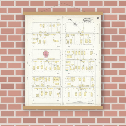 Old map wall art mockup — magnetic wood frame on brick wall — Sanborn Fire Insurance Map from Modesto, Stanislaus County, California (1894), Sheet #0006
