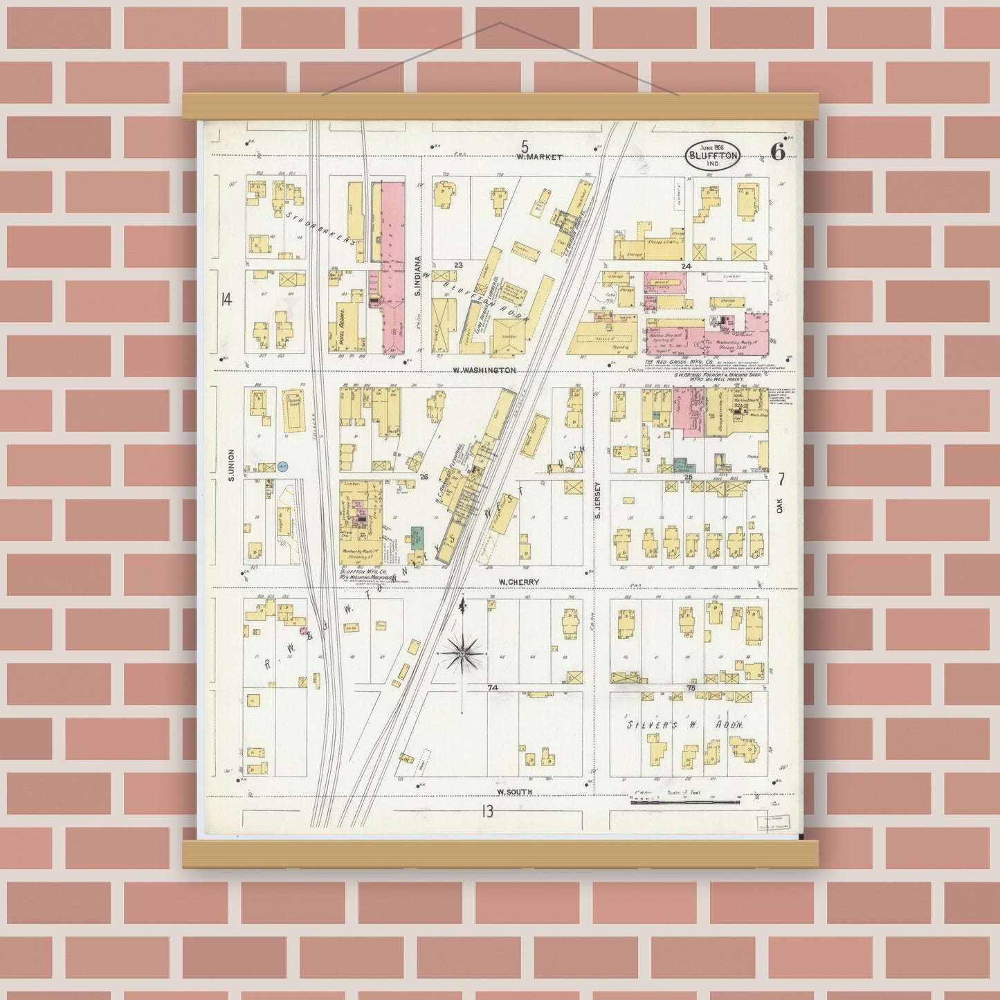 Old map wall art mockup — magnetic wood frame on brick wall — Sanborn Fire Insurance Map from Bluffton, Wells County, Indiana (1906), Sheet #0006