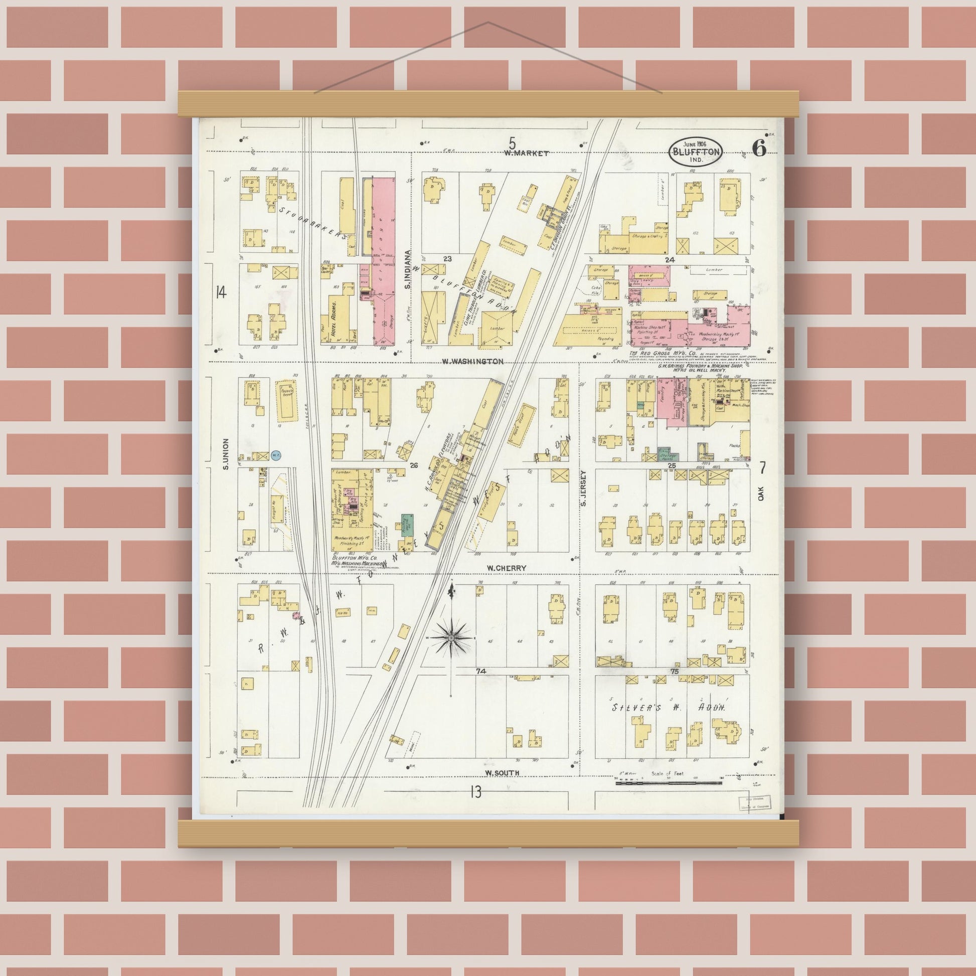 Old map wall art mockup — magnetic wood frame on brick wall — Sanborn Fire Insurance Map from Bluffton, Wells County, Indiana (1906), Sheet #0006