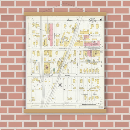 Old map wall art mockup — magnetic wood frame on brick wall — Sanborn Fire Insurance Map from Bluffton, Wells County, Indiana (1906), Sheet #0006