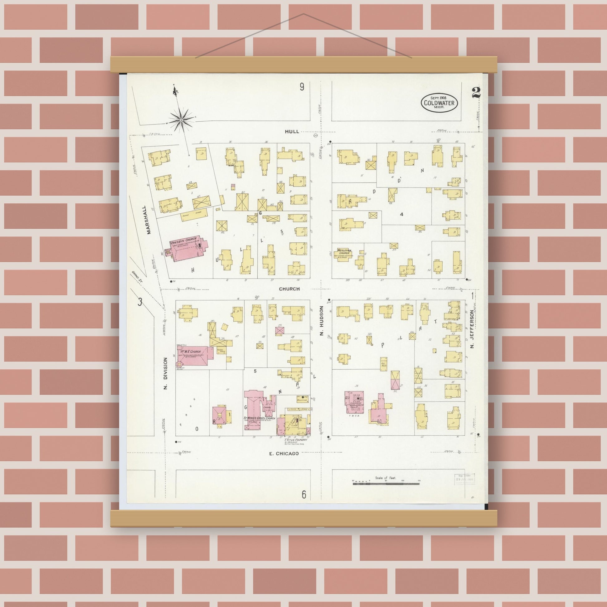 Old map wall art mockup — magnetic wood frame on brick wall — Sanborn Fire Insurance Map from Coldwater, Branch County, Michigan (1908), Sheet #0002