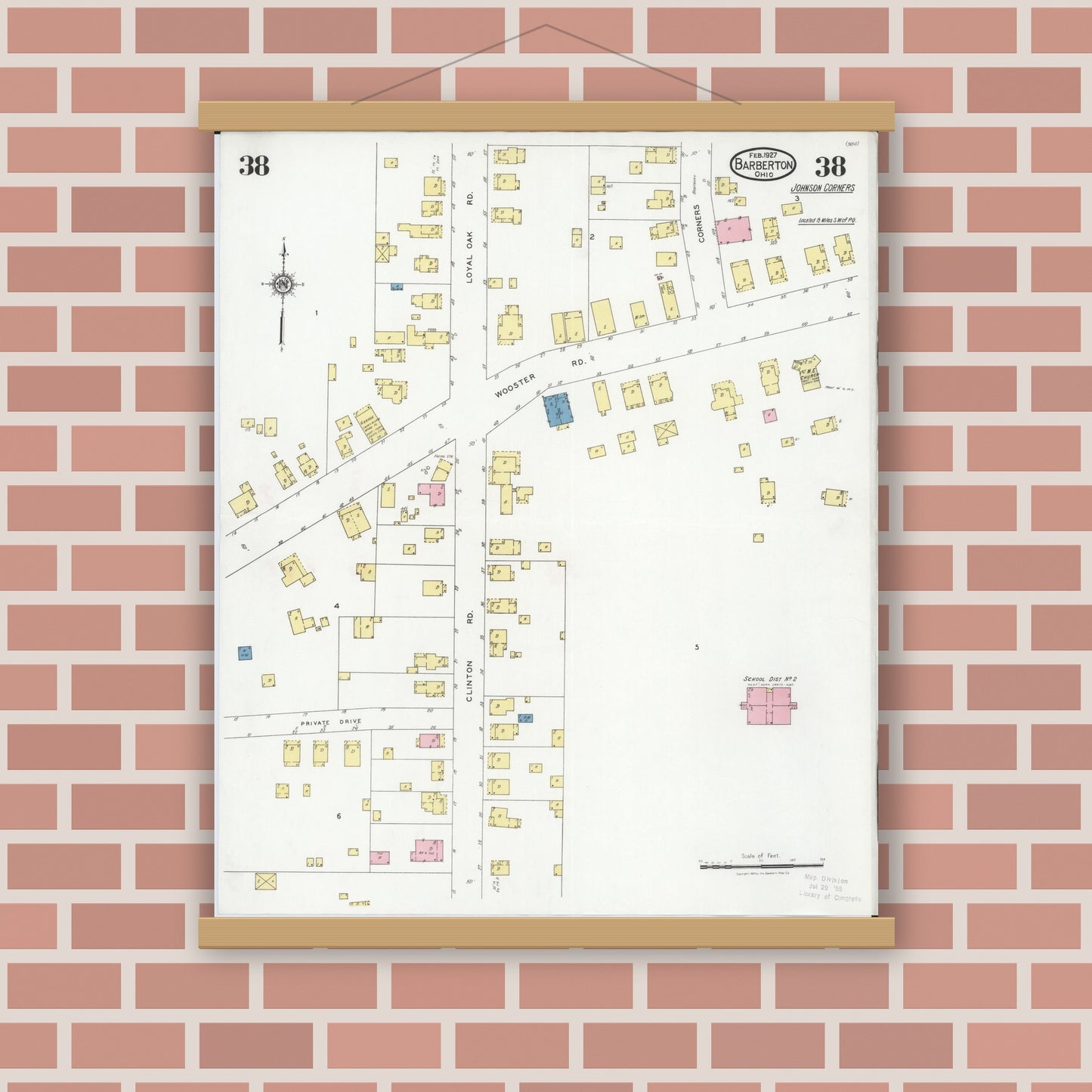 Old map wall art mockup — magnetic wood frame on brick wall — Sanborn Fire Insurance Map from Barberton, Summit County, Ohio (1927), Sheet #0038