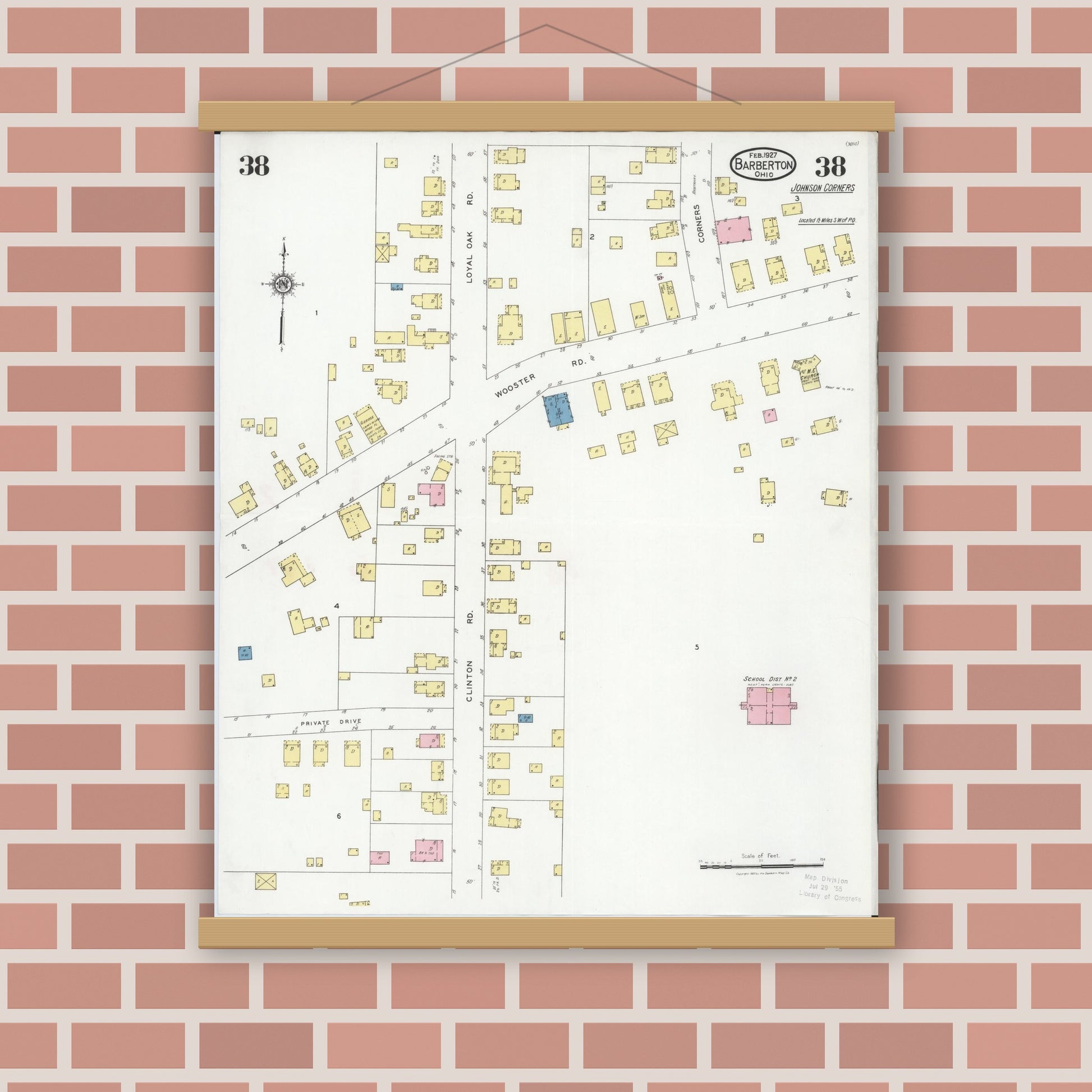Old map wall art mockup — magnetic wood frame on brick wall — Sanborn Fire Insurance Map from Barberton, Summit County, Ohio (1927), Sheet #0038