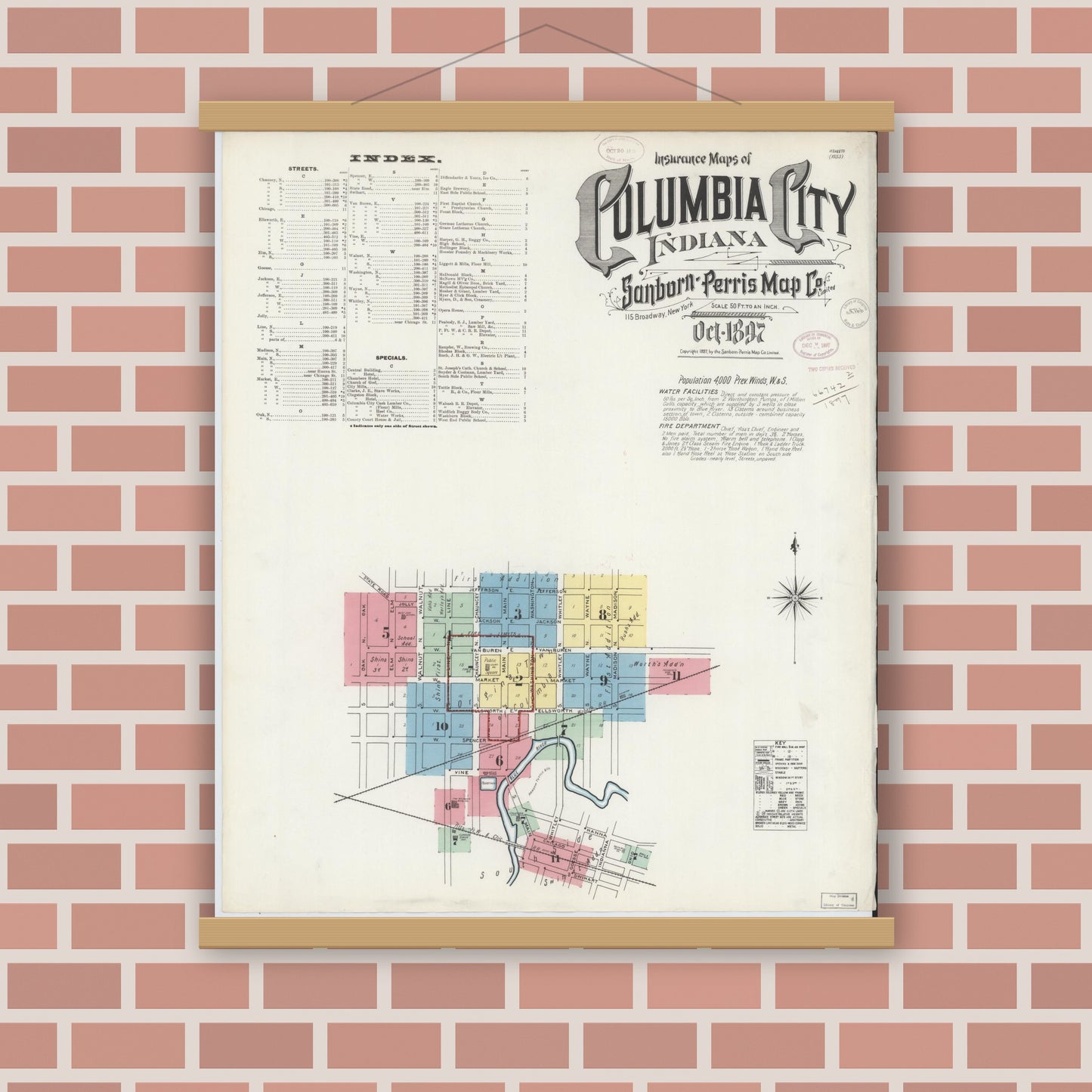 Old map wall art mockup — magnetic wood frame on brick wall — Sanborn Fire Insurance Map from Columbia City, Whitley County, Indiana (1897) - Complete Map Set