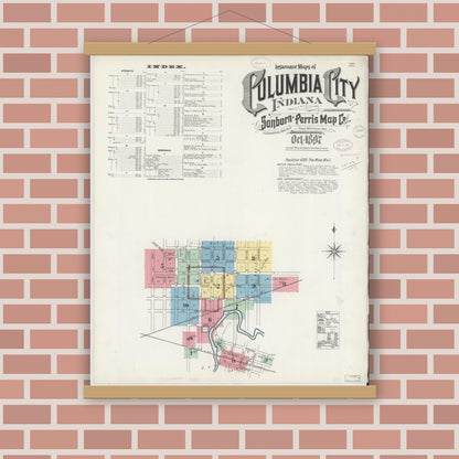 Old map wall art mockup — magnetic wood frame on brick wall — Sanborn Fire Insurance Map from Columbia City, Whitley County, Indiana (1897) - Complete Map Set
