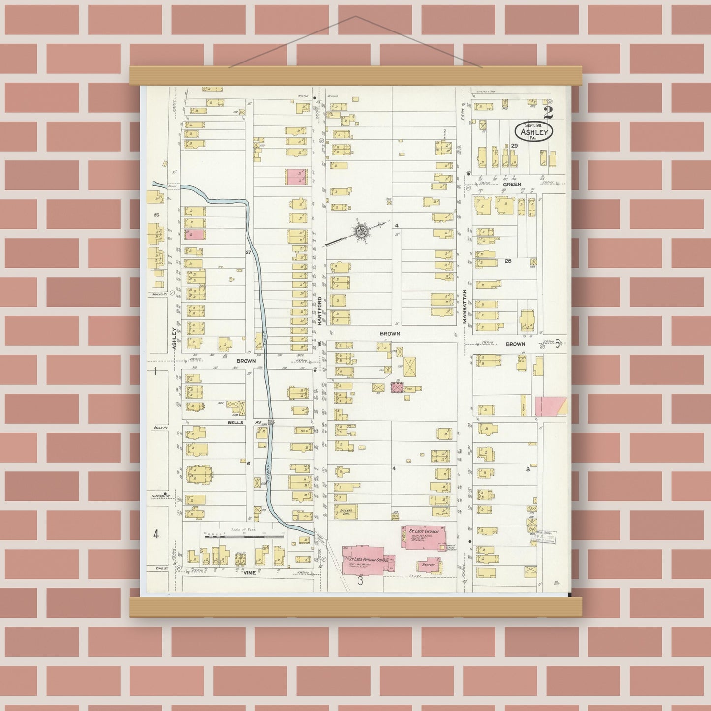 Old map wall art mockup — magnetic wood frame on brick wall — Sanborn Fire Insurance Map from Ashley, Luzerne County, Pennsylvania (1911), Sheet #0002