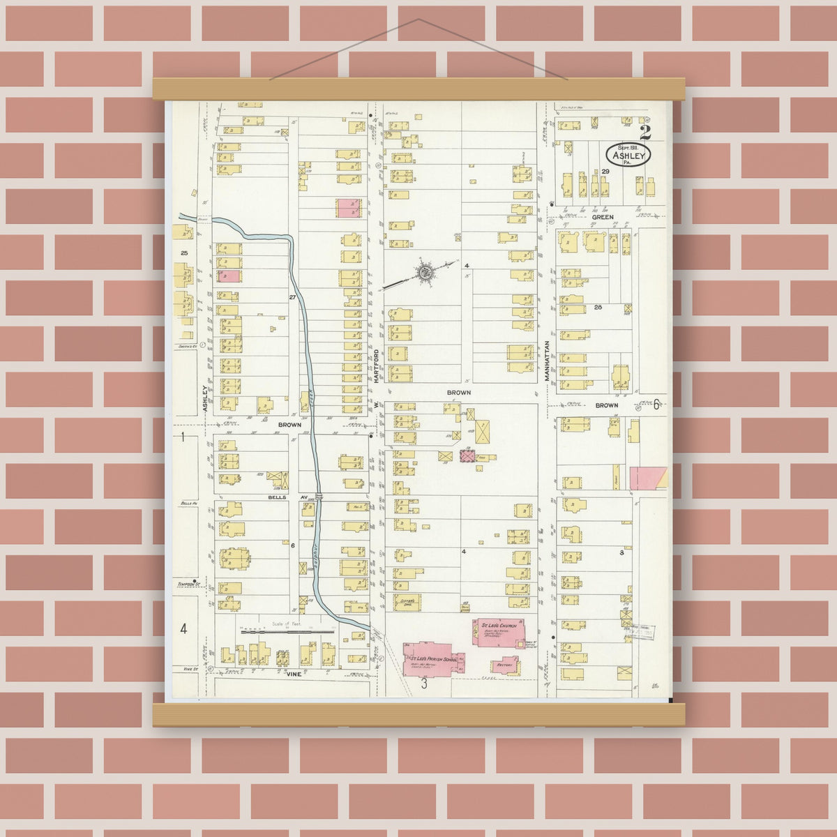 Old map wall art mockup — magnetic wood frame on brick wall — Sanborn Fire Insurance Map from Ashley, Luzerne County, Pennsylvania (1911), Sheet #0002