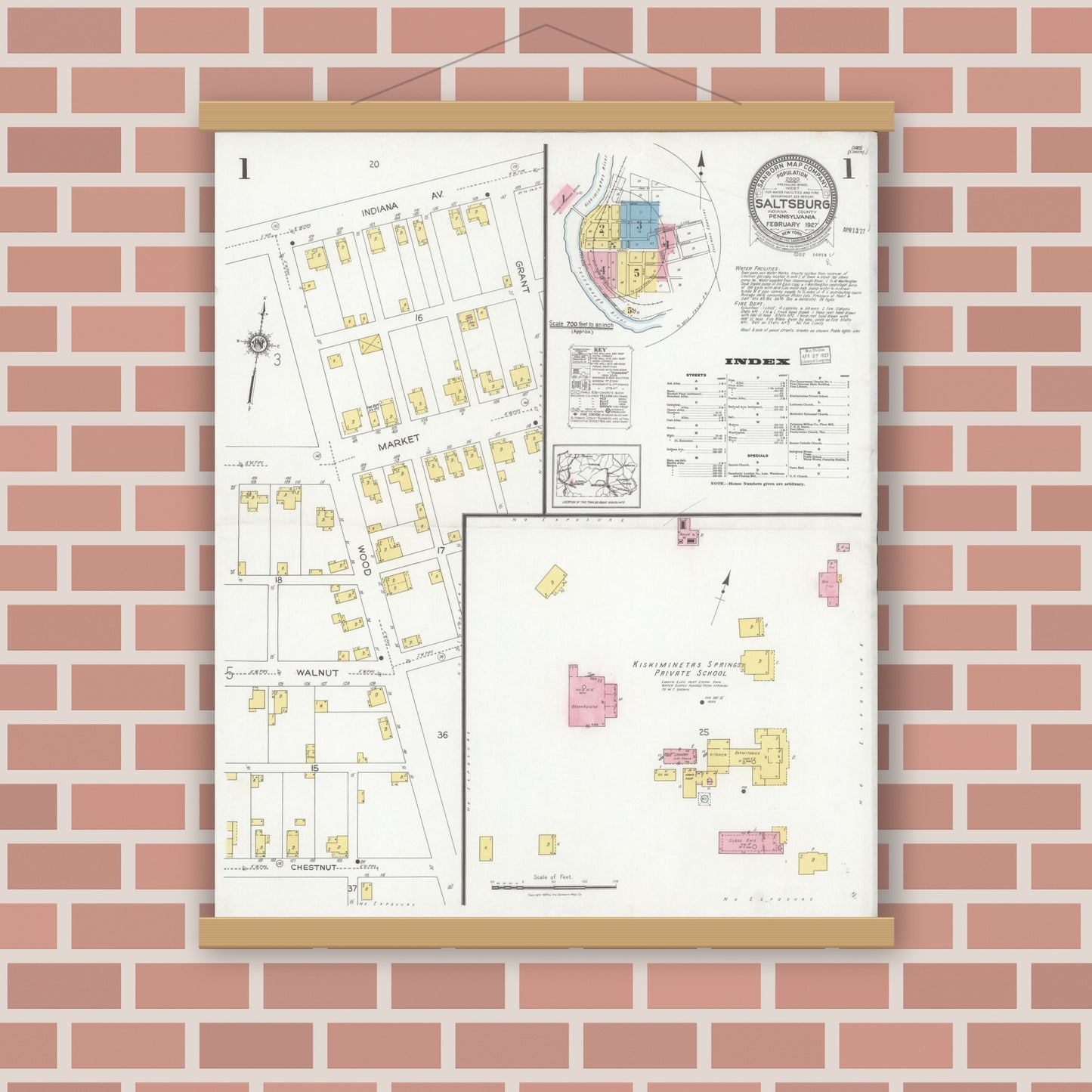 Old map wall art mockup — magnetic wood frame on brick wall — Sanborn Fire Insurance Map from Saltsburg, Indiana County, Pennsylvania (1927), Sheet #0001