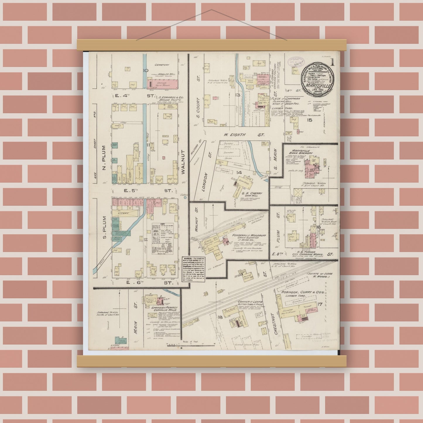 Old map wall art mockup — magnetic wood frame on brick wall — Sanborn Fire Insurance Map from Marysville, Union County, Ohio (1885) - Complete Map Set