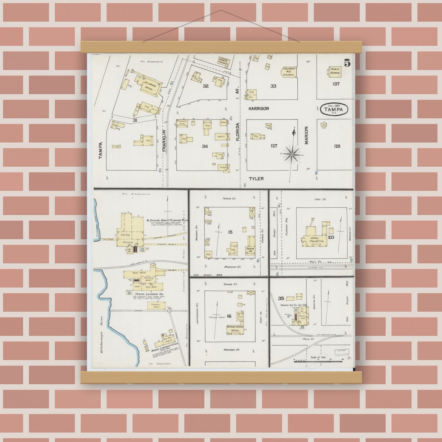 Old map wall art mockup — magnetic wood frame on brick wall — Sanborn Fire Insurance Map from Tampa, Hillsborough County, Florida (1889), Sheet #0005