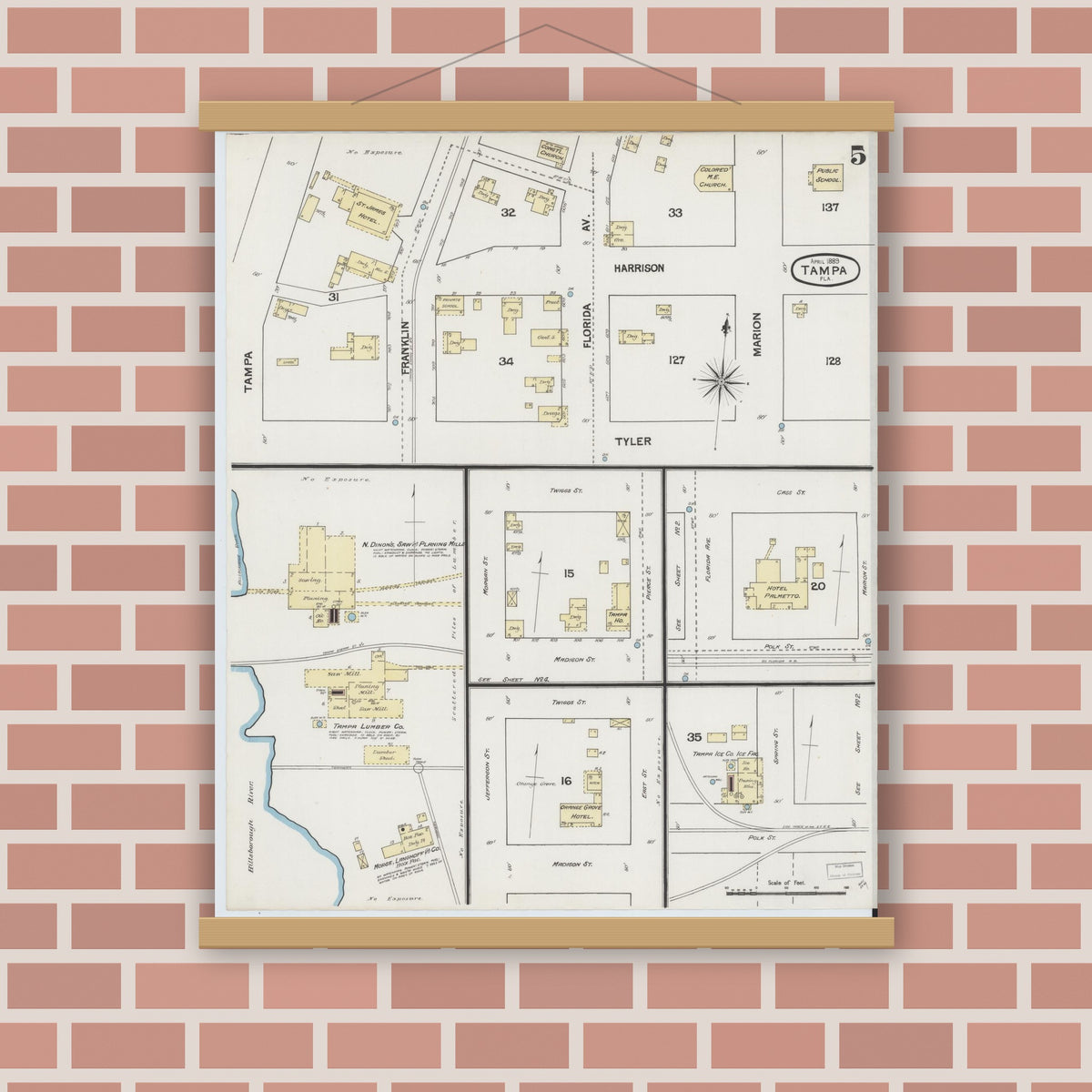 Old map wall art mockup — magnetic wood frame on brick wall — Sanborn Fire Insurance Map from Tampa, Hillsborough County, Florida (1889), Sheet #0005