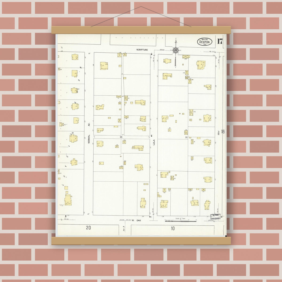 Old map wall art mockup — magnetic wood frame on brick wall — Sanborn Fire Insurance Map from Denton, Denton County, Texas (1912), Sheet #0017
