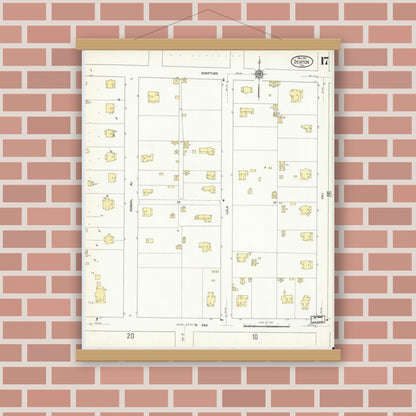 Old map wall art mockup — magnetic wood frame on brick wall — Sanborn Fire Insurance Map from Denton, Denton County, Texas (1912), Sheet #0017