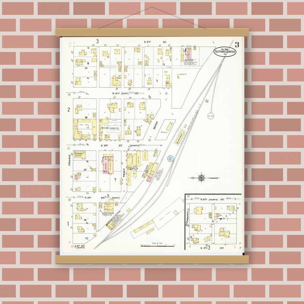 Old map wall art mockup — magnetic wood frame on brick wall — Sanborn Fire Insurance Map from Guthrie Center, Guthrie County, Iowa (1909), Sheet #0003