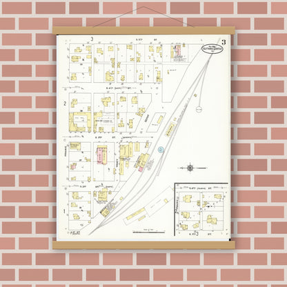 Old map wall art mockup — magnetic wood frame on brick wall — Sanborn Fire Insurance Map from Guthrie Center, Guthrie County, Iowa (1909), Sheet #0003