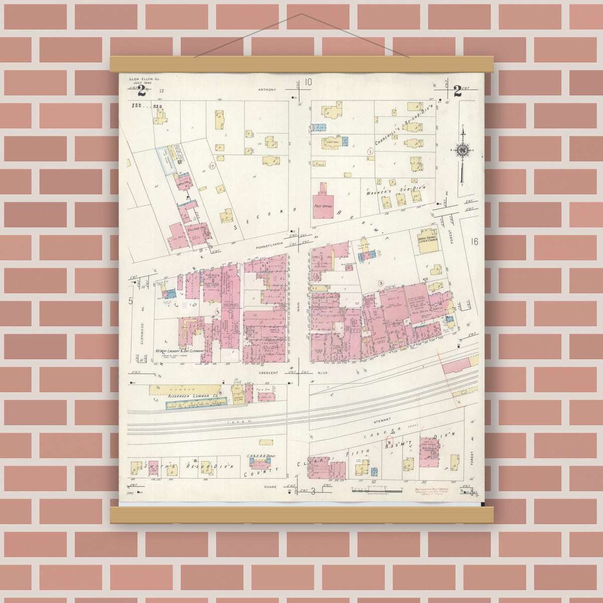 Old map wall art mockup — magnetic wood frame on brick wall — Sanborn Fire Insurance Map from Glen Ellyn, Du Page County, Illinois (1946), Sheet #0002