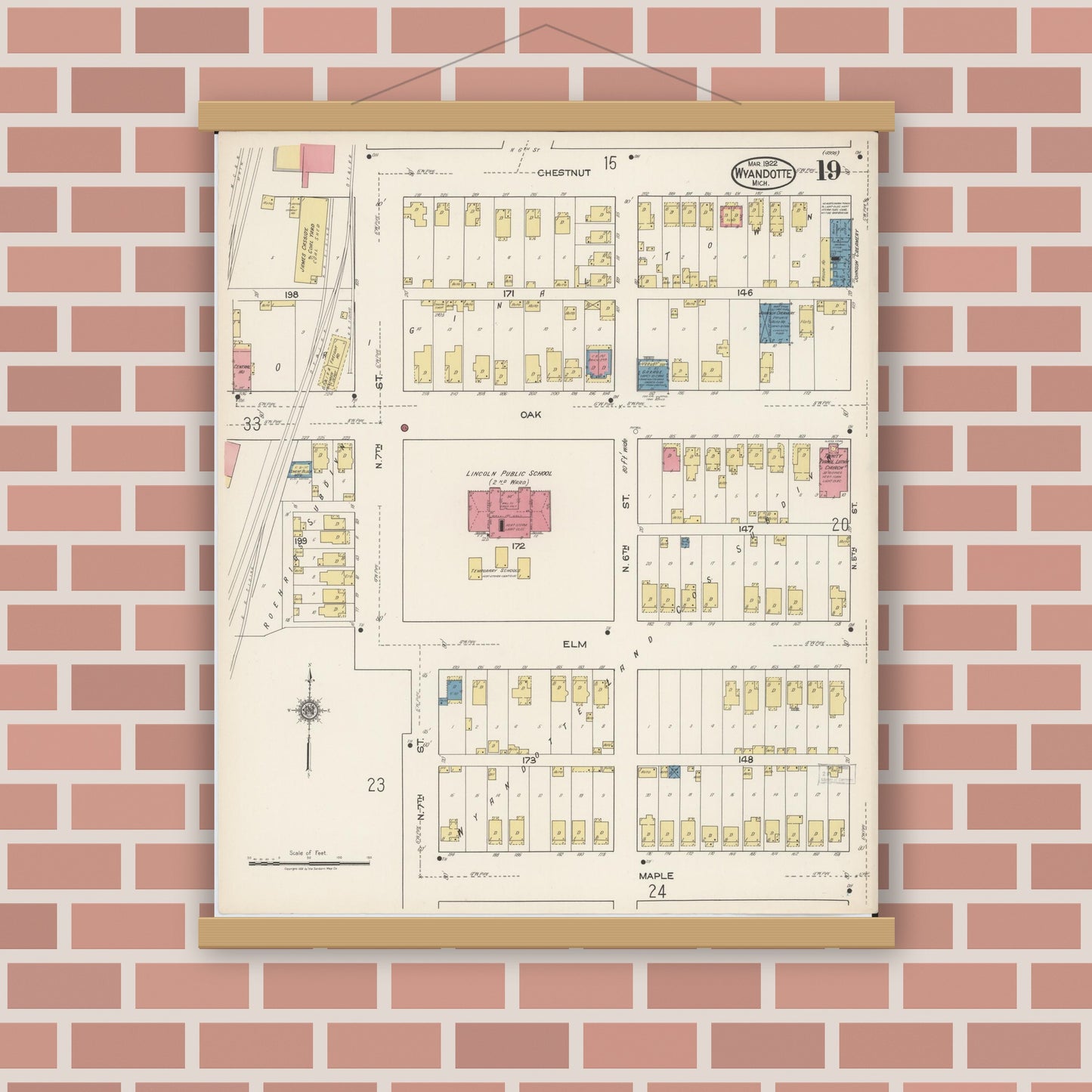 Old map wall art mockup — magnetic wood frame on brick wall — Sanborn Fire Insurance Map from Wyandotte, Wayne County, Michigan (1922), Sheet #0019