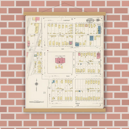 Old map wall art mockup — magnetic wood frame on brick wall — Sanborn Fire Insurance Map from Wyandotte, Wayne County, Michigan (1922), Sheet #0019