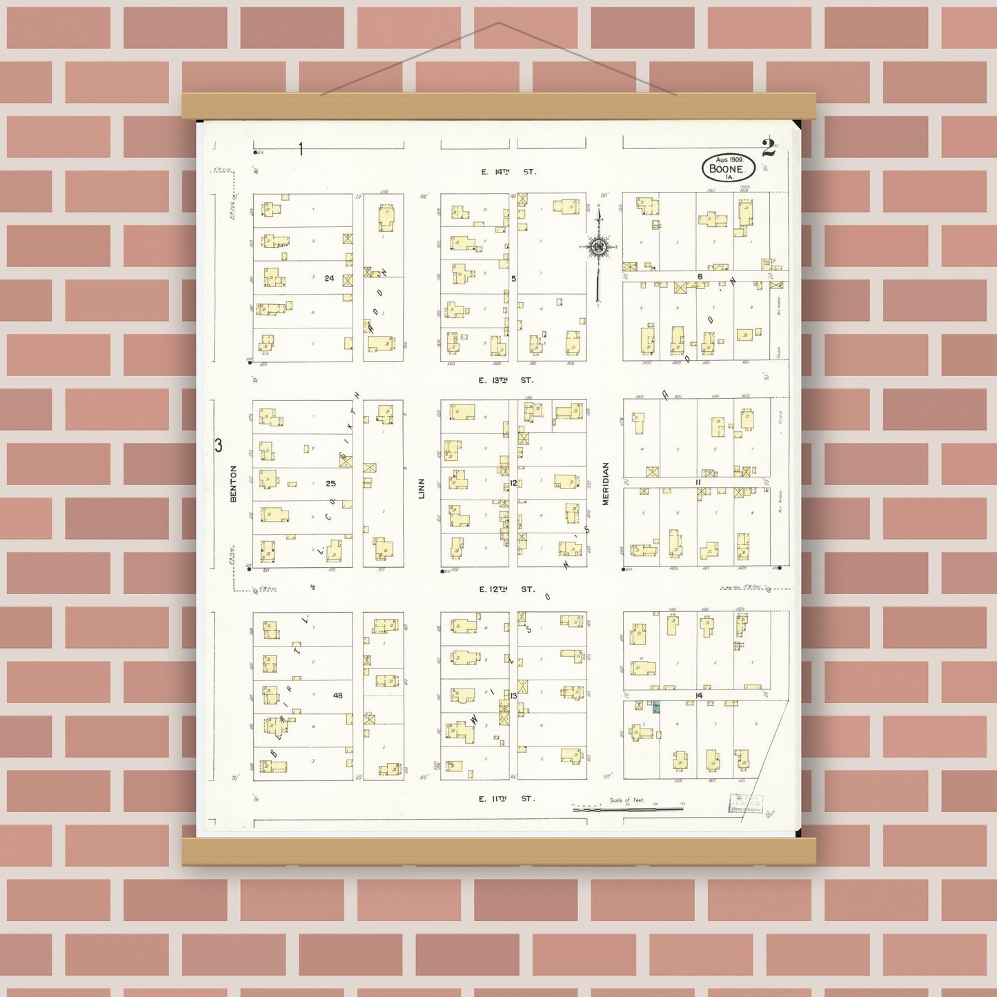 Old map wall art mockup — magnetic wood frame on brick wall — Sanborn Fire Insurance Map from Boone, Boone County, Iowa (1909), Sheet #0002