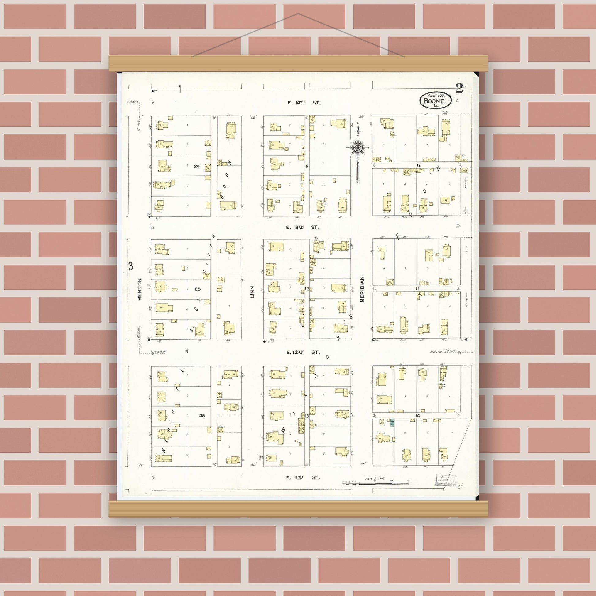 Old map wall art mockup — magnetic wood frame on brick wall — Sanborn Fire Insurance Map from Boone, Boone County, Iowa (1909), Sheet #0002