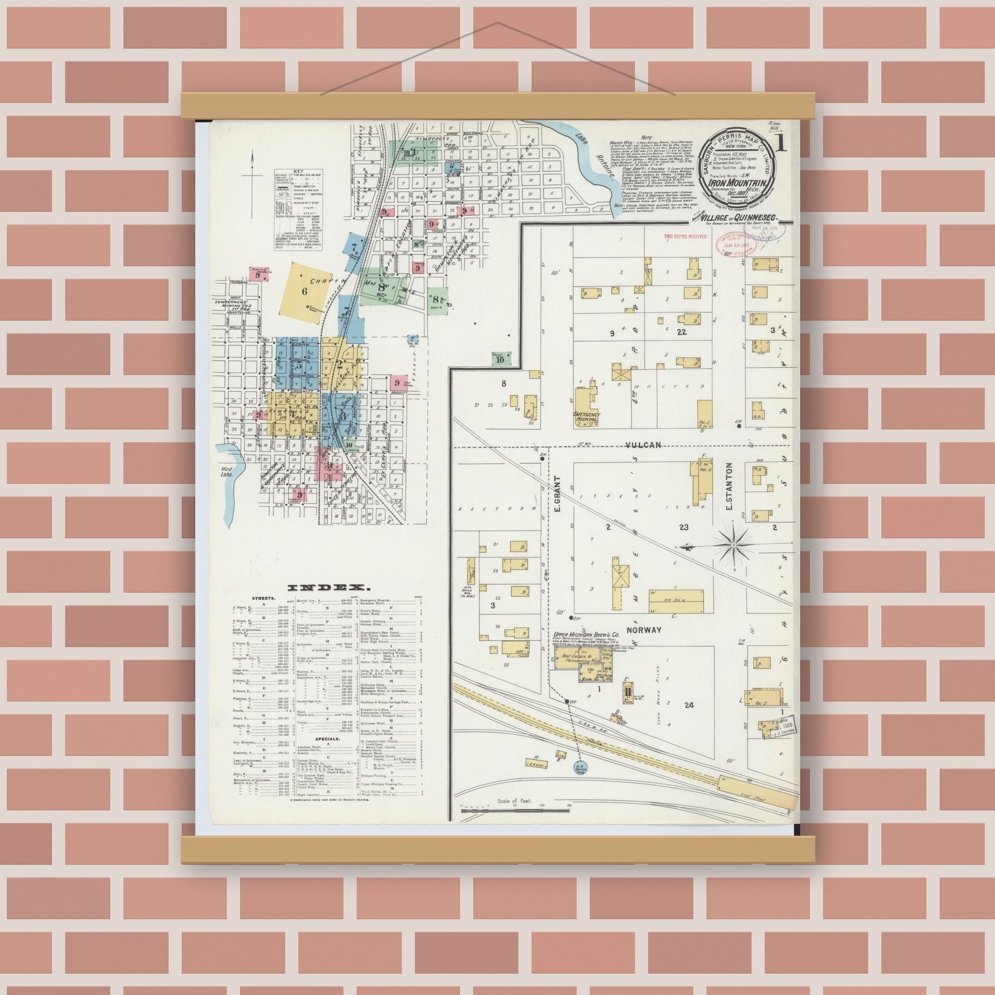 Old map wall art mockup — magnetic wood frame on brick wall — Sanborn Fire Insurance Map from Iron Mountain, Dickinson County, Michigan (1897) - Complete Map Set