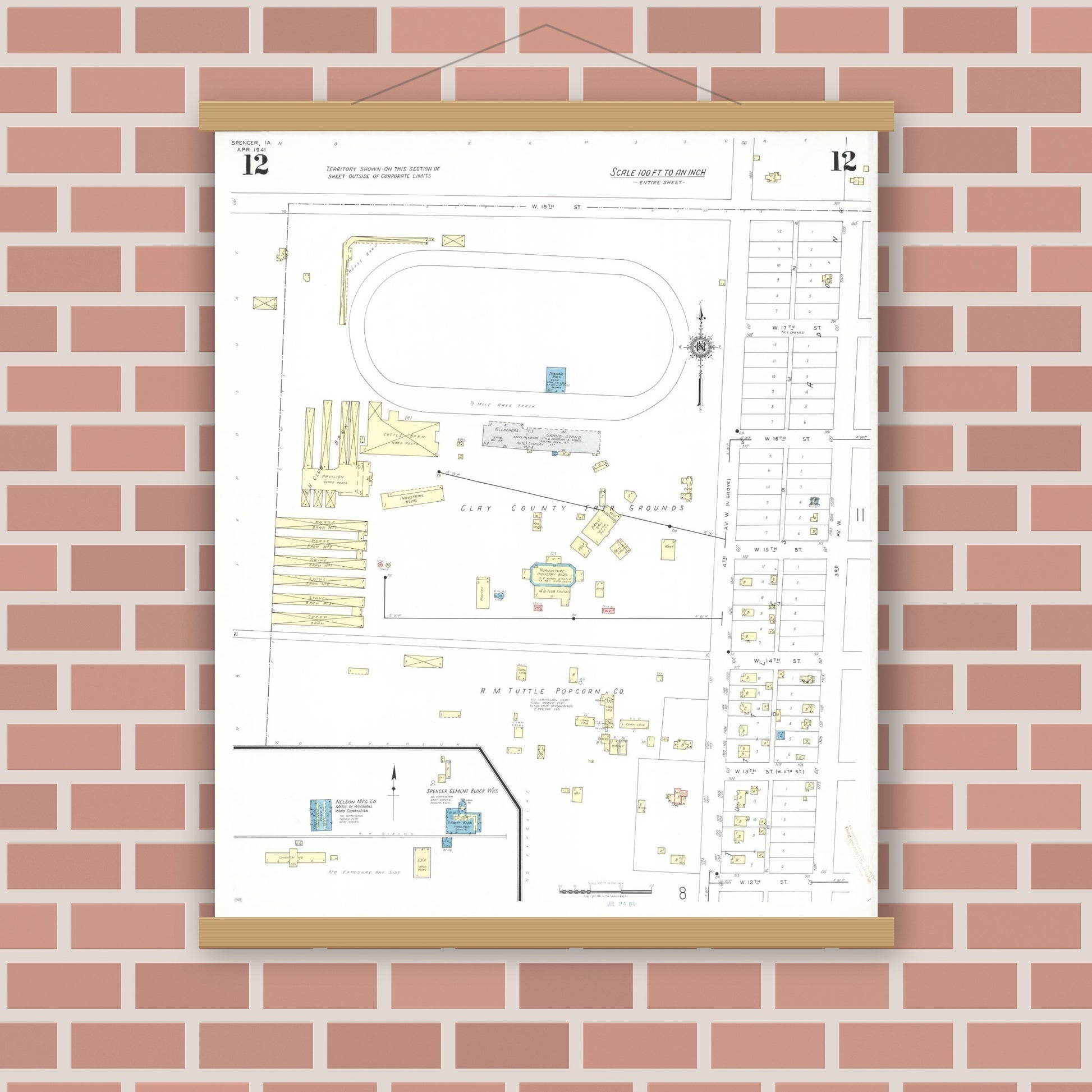 Old map wall art mockup — magnetic wood frame on brick wall — Sanborn Fire Insurance Map from Spencer, Clay County, Iowa (1941), Sheet #0012