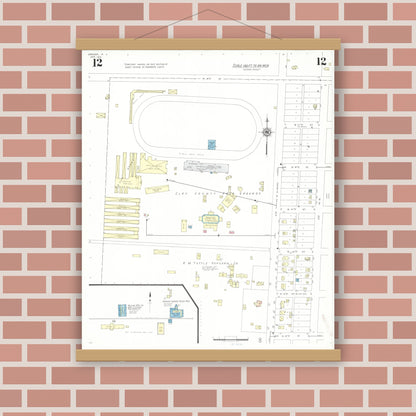 Old map wall art mockup — magnetic wood frame on brick wall — Sanborn Fire Insurance Map from Spencer, Clay County, Iowa (1941), Sheet #0012
