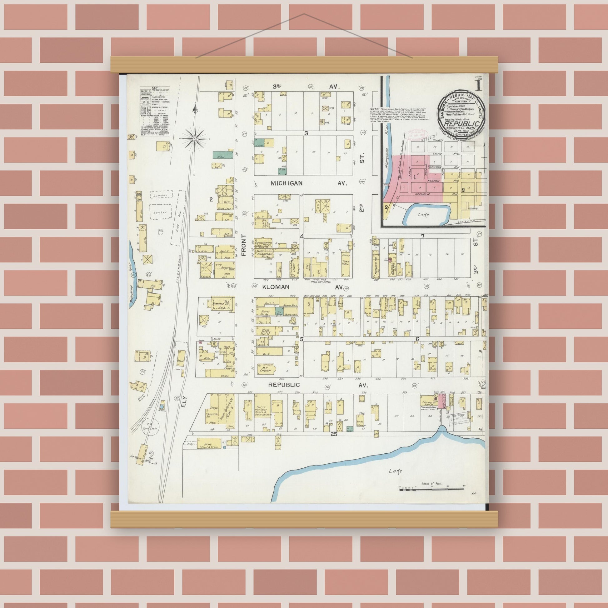 Old map wall art mockup — magnetic wood frame on brick wall — Sanborn Fire Insurance Map from Republic, Marquette County, Michigan (1892) - Complete Map Set
