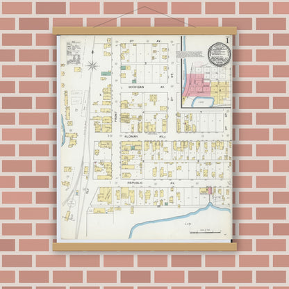 Old map wall art mockup — magnetic wood frame on brick wall — Sanborn Fire Insurance Map from Republic, Marquette County, Michigan (1892) - Complete Map Set