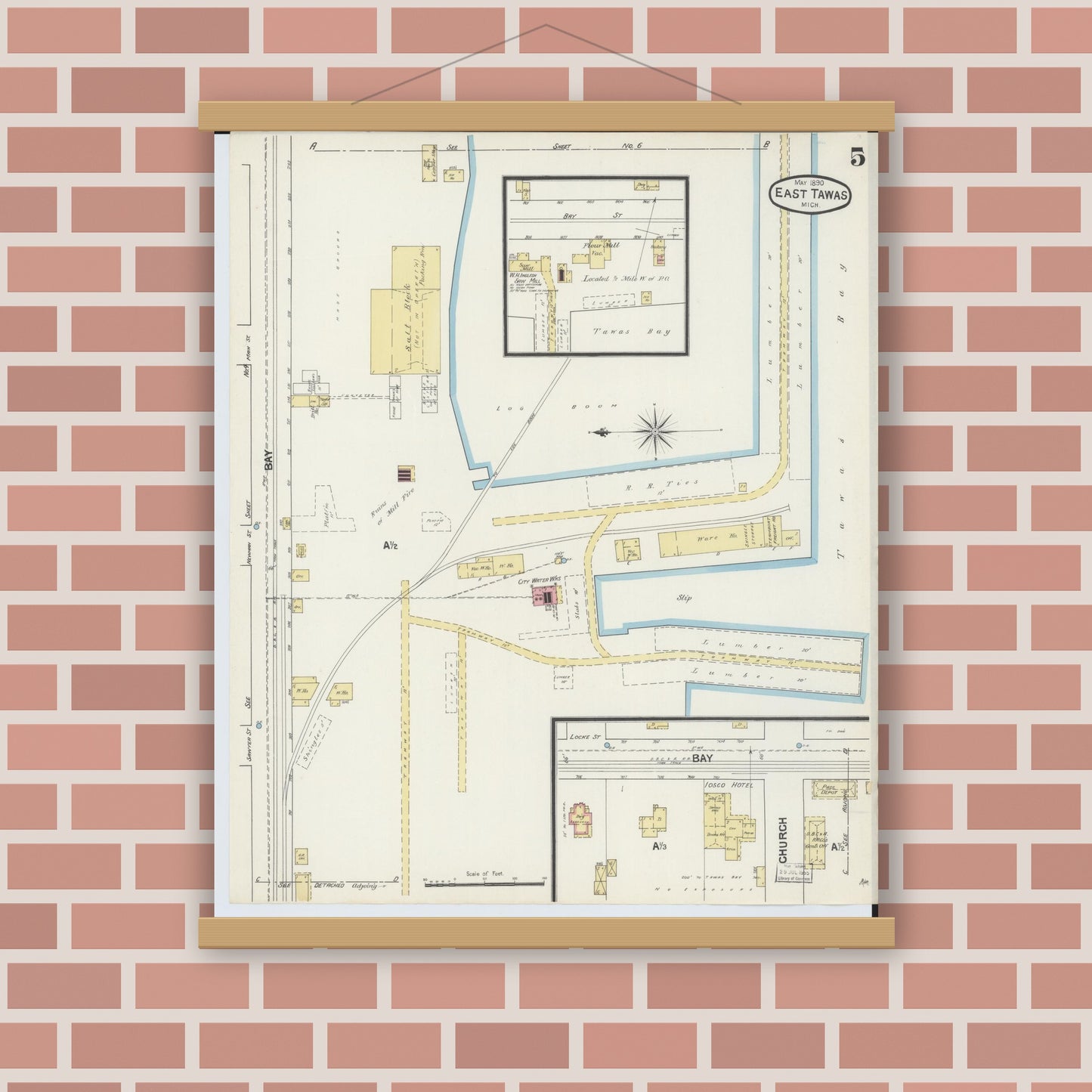 Old map wall art mockup — magnetic wood frame on brick wall — Sanborn Fire Insurance Map from East Tawas, Iosco County, Michigan (1890), Sheet #0005