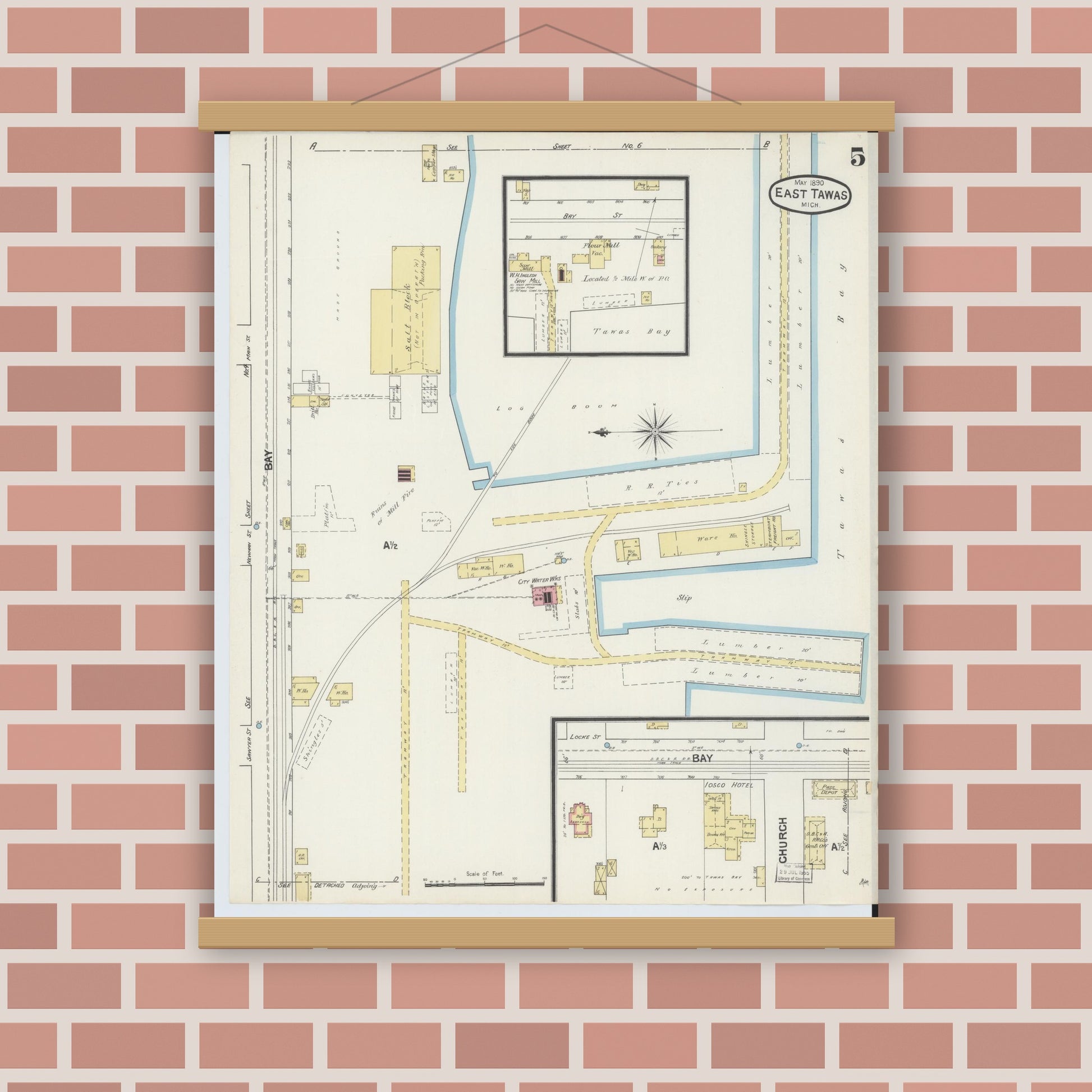 Old map wall art mockup — magnetic wood frame on brick wall — Sanborn Fire Insurance Map from East Tawas, Iosco County, Michigan (1890), Sheet #0005