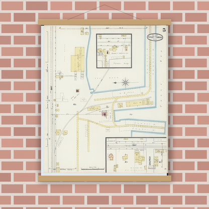 Old map wall art mockup — magnetic wood frame on brick wall — Sanborn Fire Insurance Map from East Tawas, Iosco County, Michigan (1890), Sheet #0005