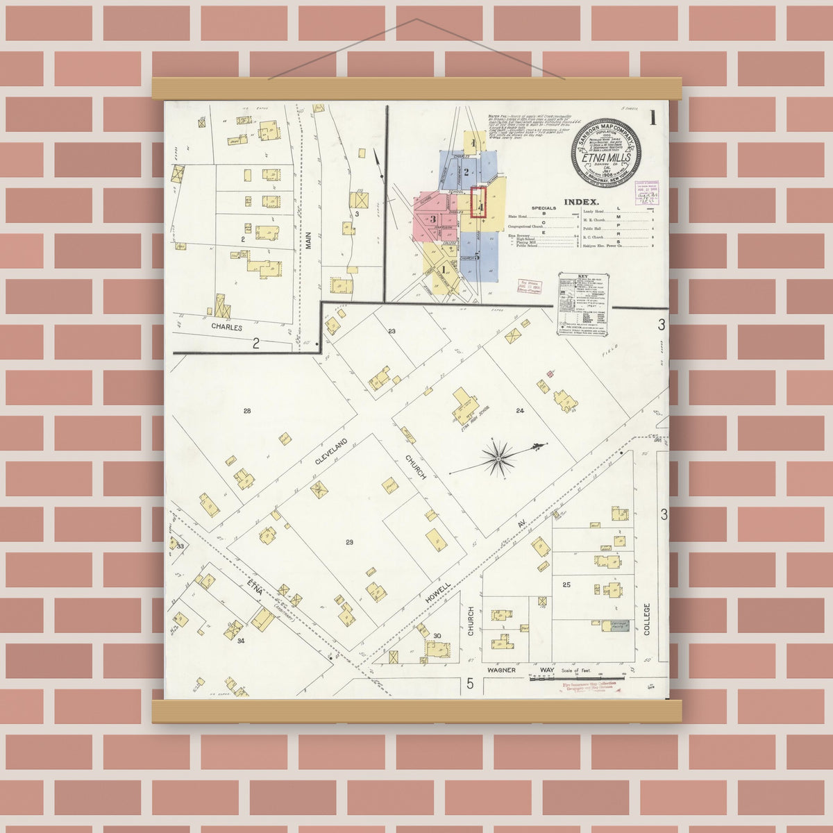 Old map wall art mockup — magnetic wood frame on brick wall — Sanborn Fire Insurance Map from Etna, Siskiyou County, California (1908) - Complete Map Set
