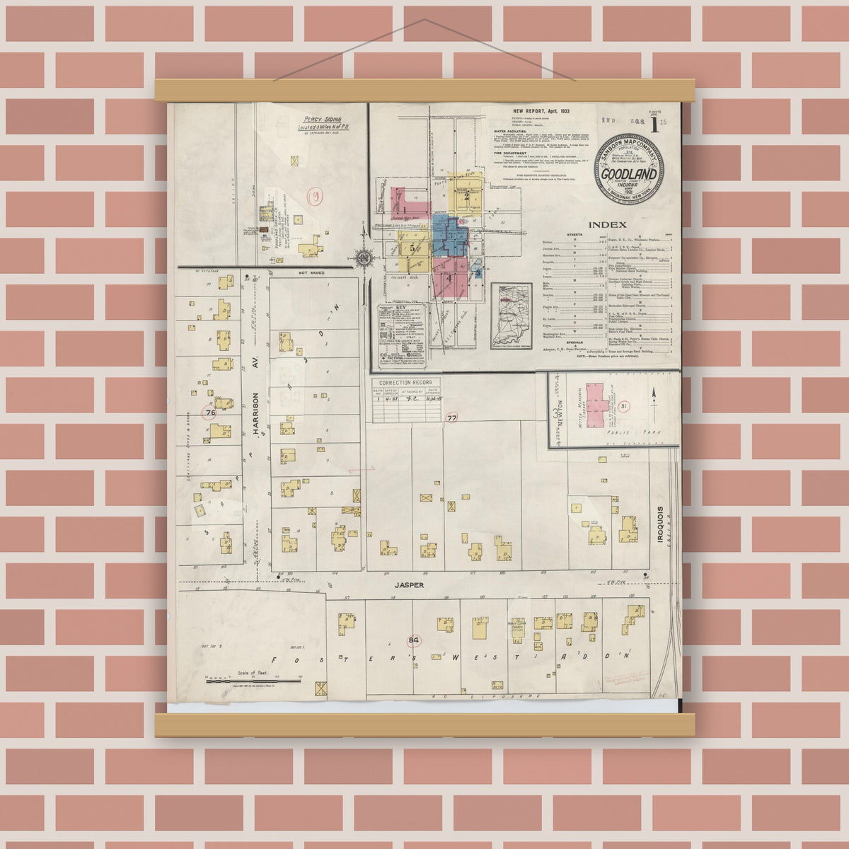 Old map wall art mockup — magnetic wood frame on brick wall — Sanborn Fire Insurance Map from Goodland, Newton County, Indiana (1933) - Complete Map Set