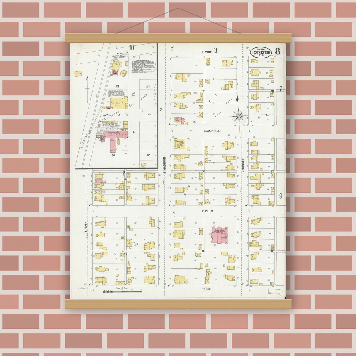 Old map wall art mockup — magnetic wood frame on brick wall — Sanborn Fire Insurance Map from Rochester, Fulton County, Indiana (1901), Sheet #0008