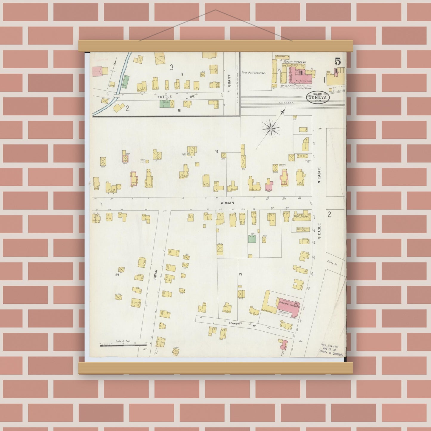 Old map wall art mockup — magnetic wood frame on brick wall — Sanborn Fire Insurance Map from Geneva, Ashtabula County, Ohio (1898), Sheet #0005