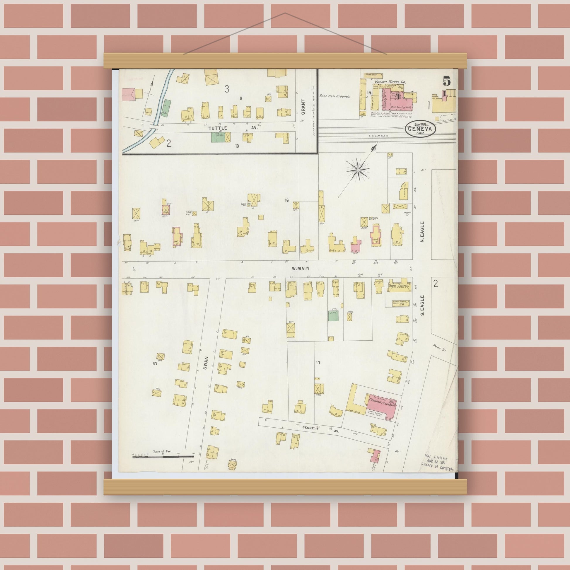 Old map wall art mockup — magnetic wood frame on brick wall — Sanborn Fire Insurance Map from Geneva, Ashtabula County, Ohio (1898), Sheet #0005