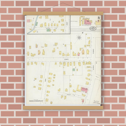 Old map wall art mockup — magnetic wood frame on brick wall — Sanborn Fire Insurance Map from Geneva, Ashtabula County, Ohio (1898), Sheet #0005