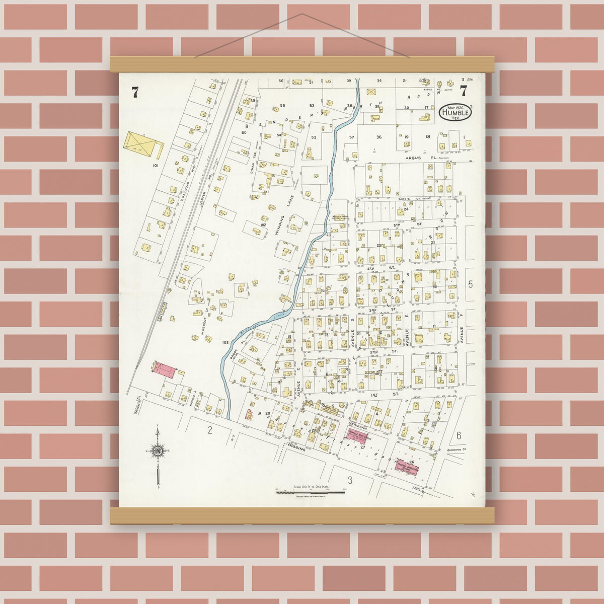 Old map wall art mockup — magnetic wood frame on brick wall — Sanborn Fire Insurance Map from Humble, Harris County, Texas (1926), Sheet #0007
